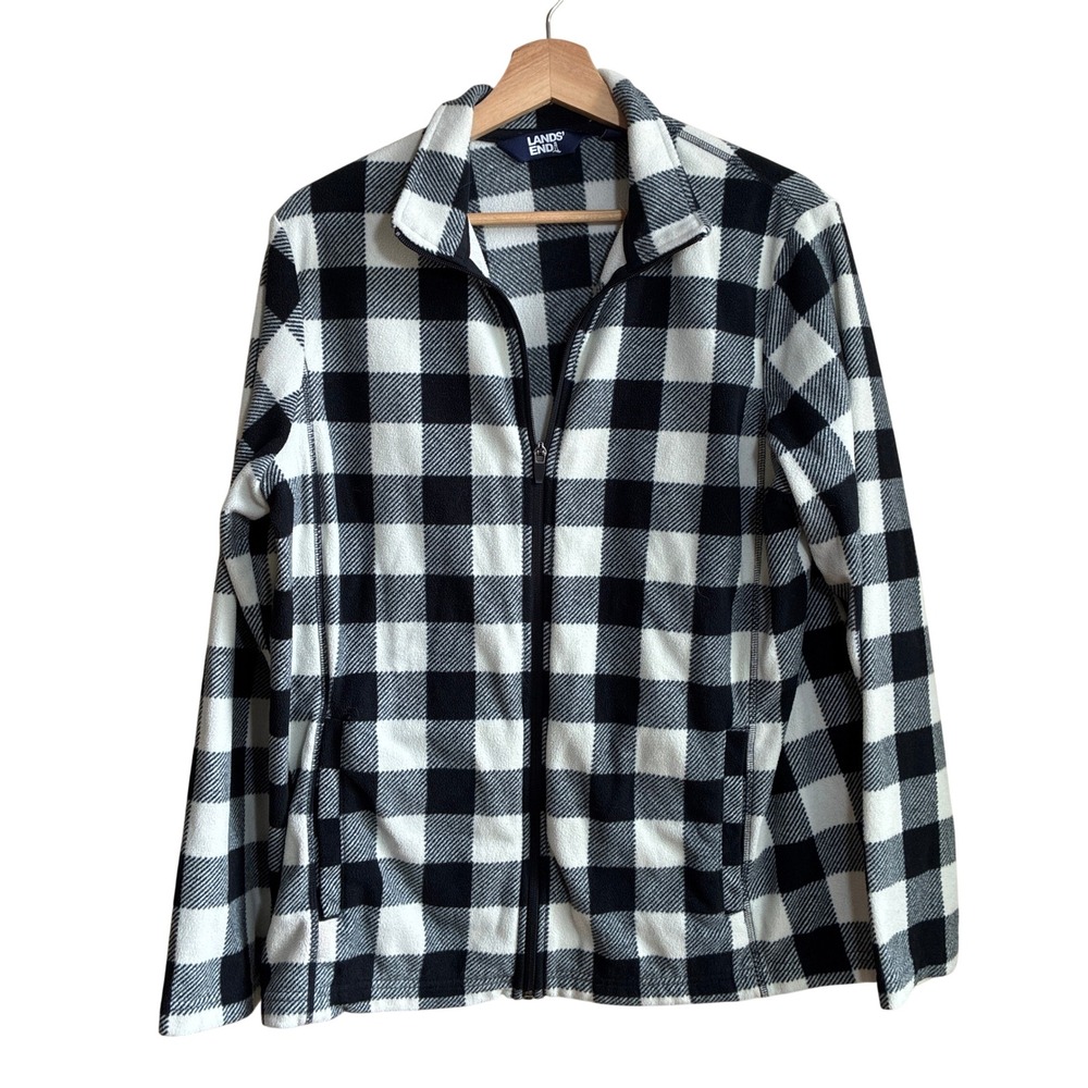 Lands End Buffalo Plaid Fleece Jacket L Black White Women Full Zip Soft